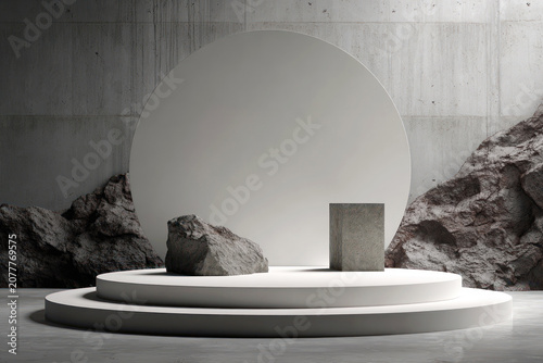 Elegant stone display podium mockup surrounded by sculptural rocks in a luxury gallery
