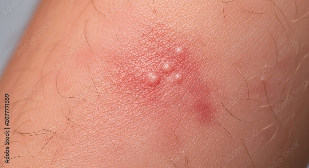 Fototapeta premium Close-up of a skin rash with small blisters and redness, possibly shingles or herpes, on a persons arm.