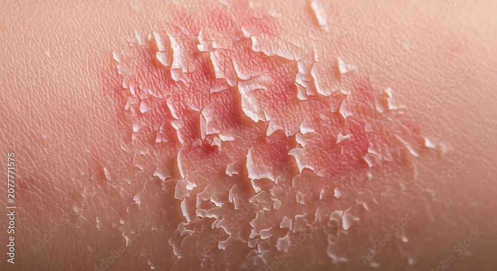 Fototapeta premium Close-up of dry, flaky skin with redness and peeling.