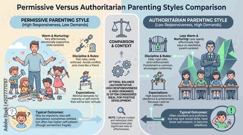 Quadro su tela Permissive Versus Authoritarian Parenting Styles Comparison Infographic