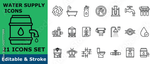 Fotografie Water supply and filtration icon set, 21 vector outline pictograms of water puri