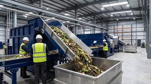 Professional workers monitoring food waste recycling on industrial conveyor belt in modern factory for composting organic ecology background concept