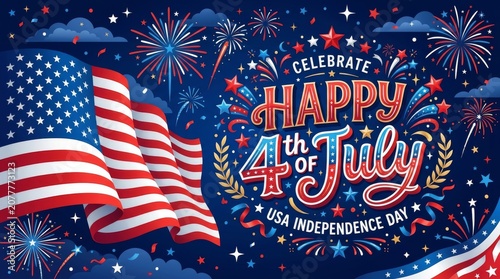 USA Independence Day Greeting Banner with Patriotic American Flag