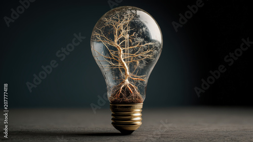 A light bulb filled with a complex root system symbolizes innovation, natural ideas, and the interconnectedness of life.
