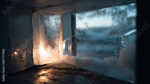 Inside a frozen window, ice crystals form intricate patterns on the glass, with a faint orange glow emanating from a distant light source, creating an atmospheric and cool visual.
