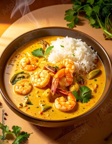 Aromatisches Garnelen-Curry mit Kokosmilch, Jasminreis und frischem Koriander