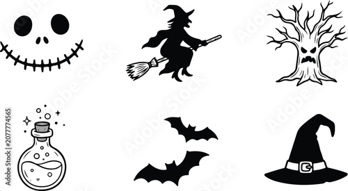 Fényképezés Halloween icons including jack skellington face witch on broomstick spooky tree