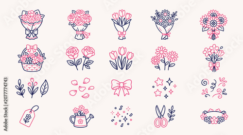 Принти на полотні A collection of minimalist two-tone illustrations featuring various flower bouquets, individual blossoms, gardening tools, and decorative floral elements