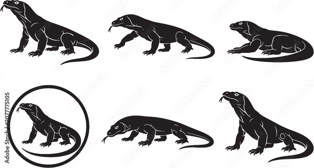 Obraz premium Komodo Dragon Silhouette Icon Set Black Vector Reptile Wildlife Collection