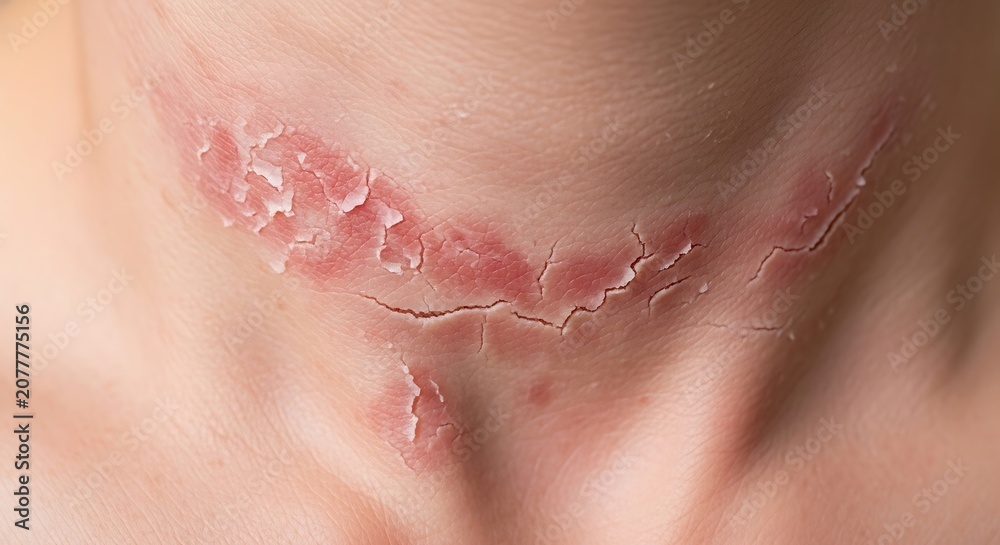 Fototapeta premium Close-up of peeling skin on a persons neck, showing the effects of sunburn or a skin condition.
