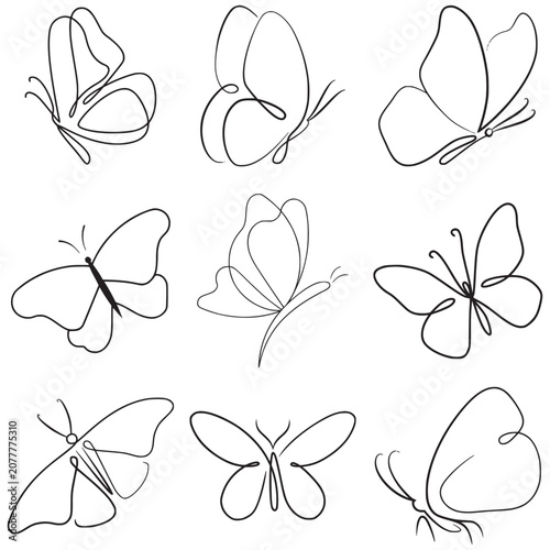 Continuous line art of butterfly collection vector set.