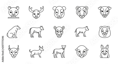 Minimalist Animal Icons in Line Art Depicting Diverse Mammalian Species for Design