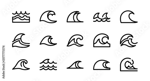 Minimalistic Wave Icons in Various Styles for Graphic Design and Decorative Purposes