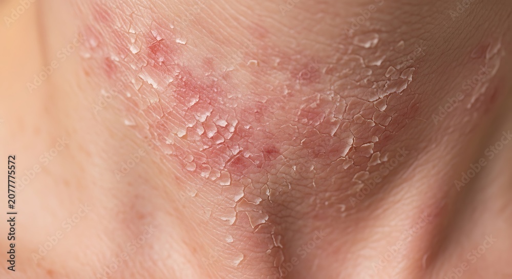 Fototapeta premium Close-up of skin with severe eczema showing redness, inflammation, and peeling.