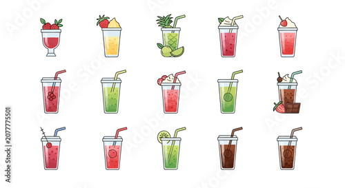 Variety of refreshing summer beverages, illustration of fruit smoothies and drinks