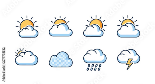 Weather Icons Displaying Sunny, Cloudy, Rainy, and Stormy Conditions in Graphic Style