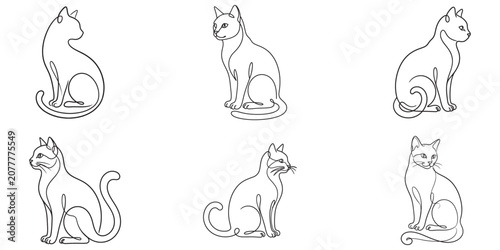 Continuous single line art of cute sitting cats set icons.