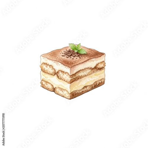 Watercolor illustration of a piece of delicious tiramisu cake
