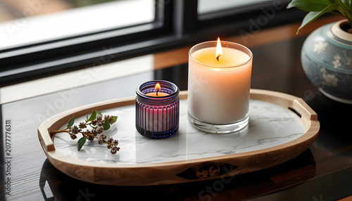 Aromatic candles on a natural marble tray, asian style. White tone