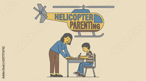 Obraz na plátně Mother Hovering Anxiously Over Son Doing Homework Illustrating Helicopter Parent