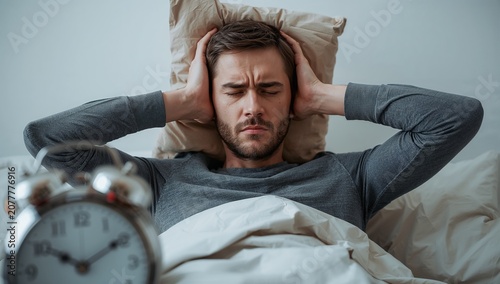 Frustrated man covering ears with pillow in bed during morning