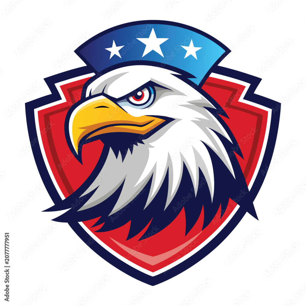 Fototapeta premium Fierce Bald Eagle Mascot Head Facing Left Placed Inside A Red Shield With Stars Patriotic Emblem