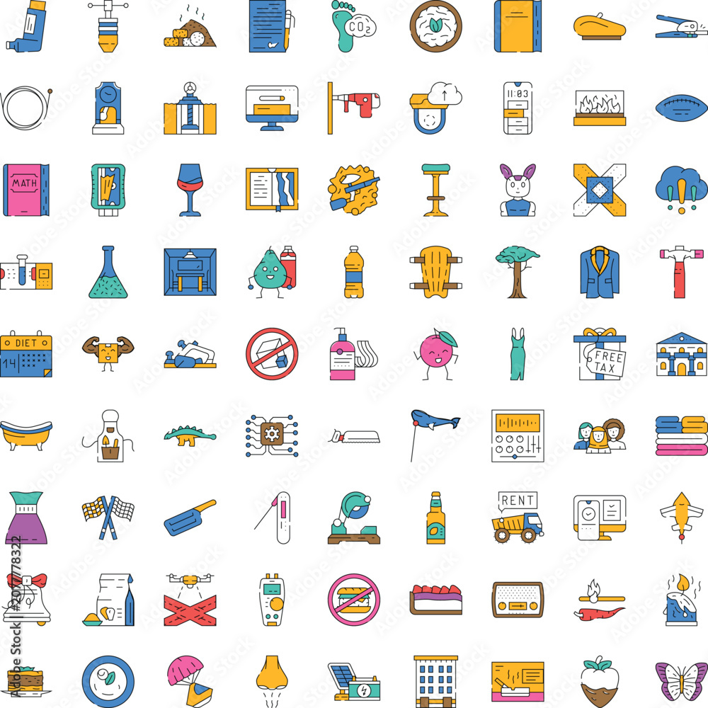 Fototapeta premium Collection of various colorful objects, tools, and lifestyle symbols presenting a diverse range of concepts and everyday items as line art vector icons