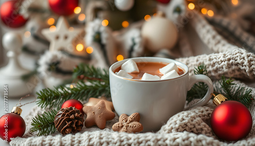 Warm cup of cocoa with marshmallows and chocolate cookies, christmas ornaments, cozy knitted sweater and fir branches on background of stylish christmas tree with golden lights. Winter mood, collage