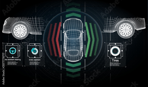 Car safety system diagram shows features like assistant slowing and brake assistant for enhanced driving support