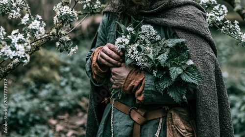 Medieval Figure Holding Bunch of Wildflowers