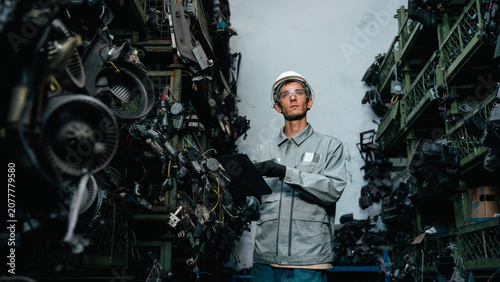 Male auto parts warehouse technician inspecting used car engines with digital tablet for inventory management quality control and automotive recycling operations at industrial salvage yard