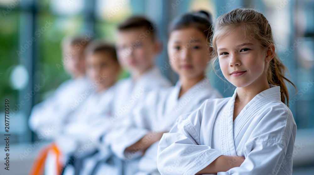 Fototapeta premium Group of children in kimonos standing in line during martial arts class session, youth discipline concept, kids karate photography, blurred training hall background, with copy