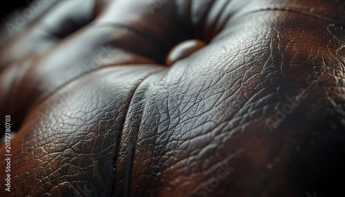 Close-up view of a brown leather couch with tufted buttons
