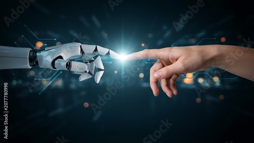 Hand touching futuristic robot interface on digital screen