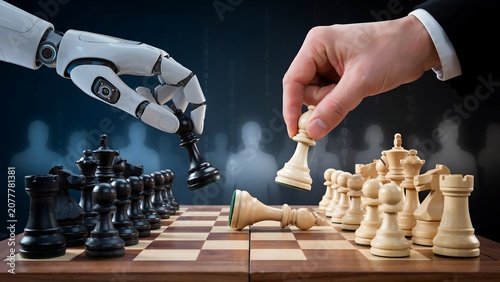 3d chess pieces on board with large robot hand and head
