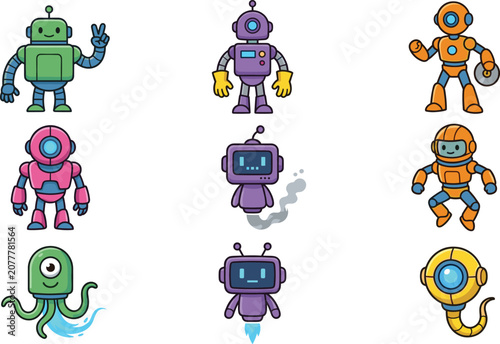 Cuadro en lienzo Vector set of cute cartoon robots and mechanical characters in various futuristi