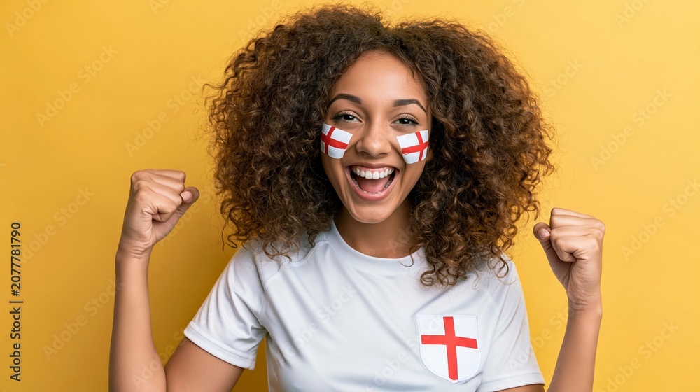 Obraz premium Excited England football fan celebrating victory, expressing happiness and national pride with flag face paint on a yellow background