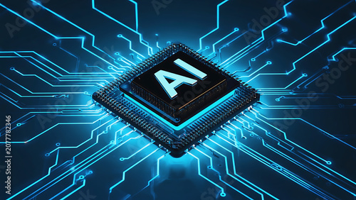 A futuristic glowing AI microprocessor chip in the center with the text 'AI'. Ai futuristic digital globe covered in glowing blue data streams and network node