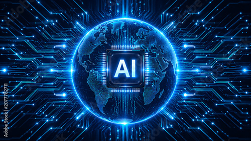 A futuristic glowing AI microprocessor chip in the center with the text 'AI'. Ai futuristic digital globe covered in glowing blue data streams and network node