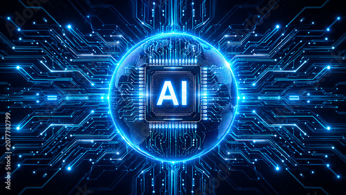A futuristic glowing AI microprocessor chip in the center with the text 'AI'. Ai futuristic digital globe covered in glowing blue data streams and network node