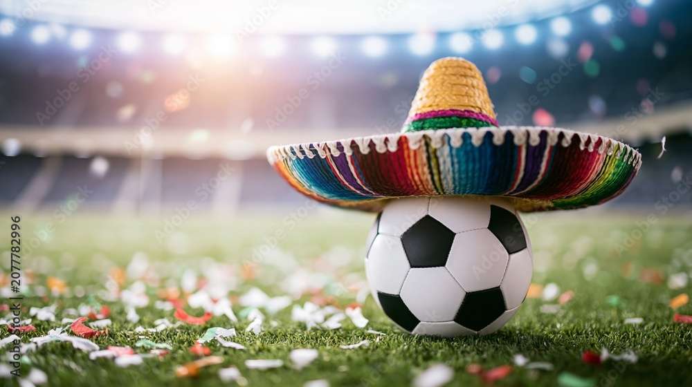 Obraz premium Traditional Mexican sombrero resting on a soccer ball on a stadium pitch, colorful confetti scattered around, celebrating sport and culture