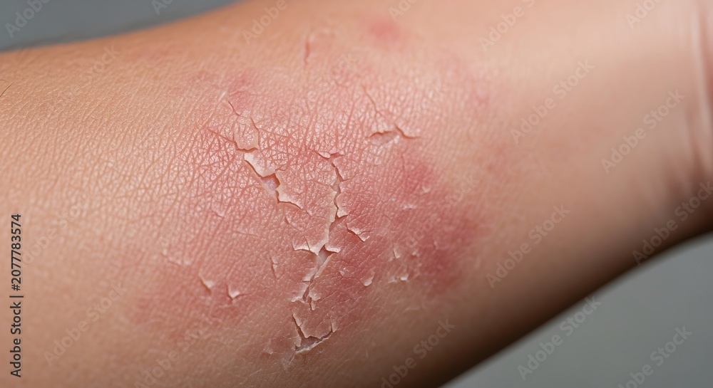Fototapeta premium Close-up of dry, peeling skin on an arm, showing a skin condition or reaction.
