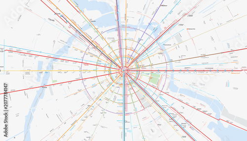 Принти на полотні A detailed, abstract view of a complex radial and circular public transport network map, featuring numerous colored lines converging at a central hub