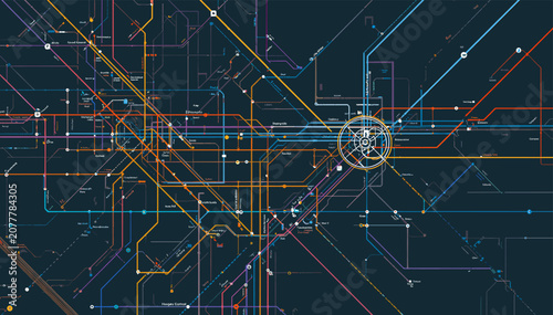 Foto An intricate and colorful schematic diagram of a complex urban transportation network, resembling a subway or metro map with numerous intersecting lines and a central hub