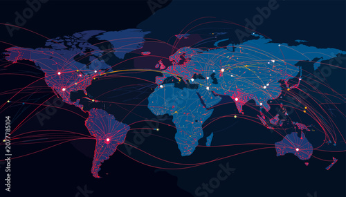 A digital world map illustrating global network connections and data flow with glowing points and interconnected lines across continents.