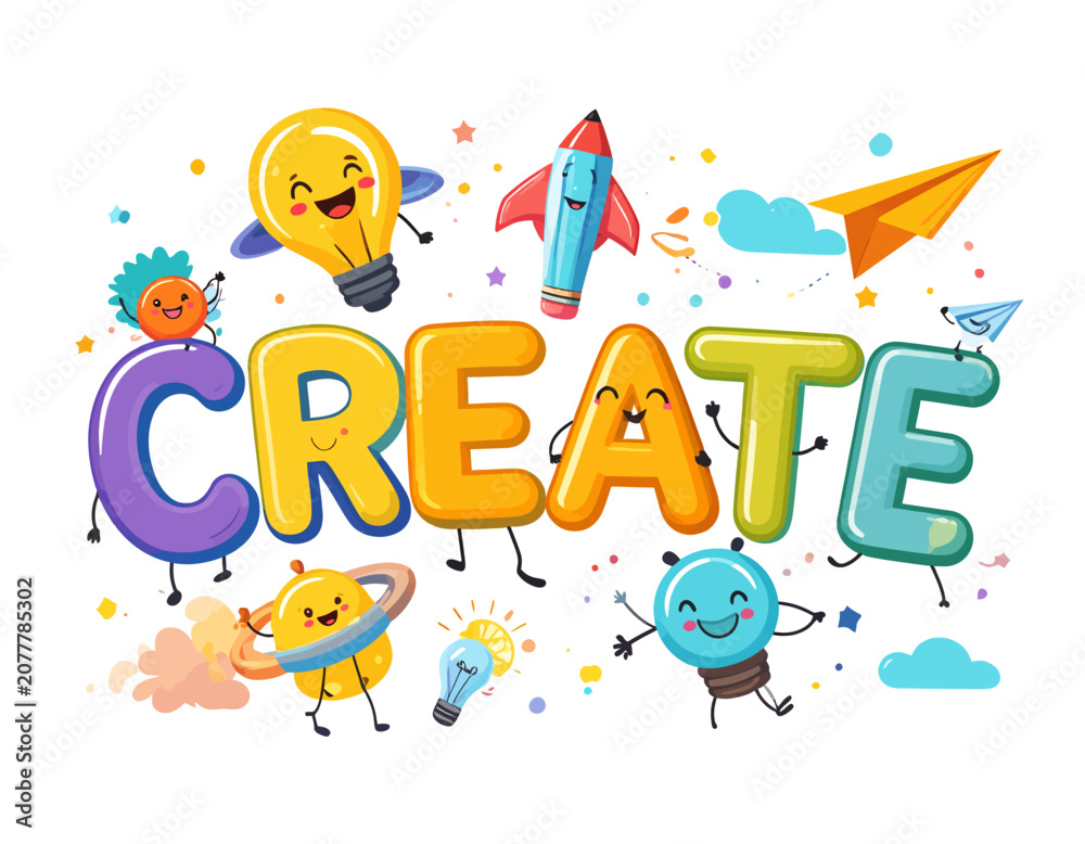 Fototapeta premium Playful mascot typography celebrating creativity with vibrant letters and whimsical characters