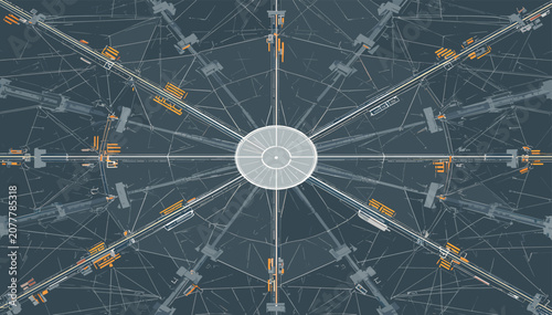 Complex radial schematic diagram with a central circular hub and numerous interconnected linear and rectangular components in a blue-grey and orange palette.