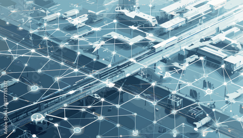 An overhead view of a modern transportation hub or industrial complex overlaid with a glowing digital network grid, symbolizing smart infrastructure and connectivity.
