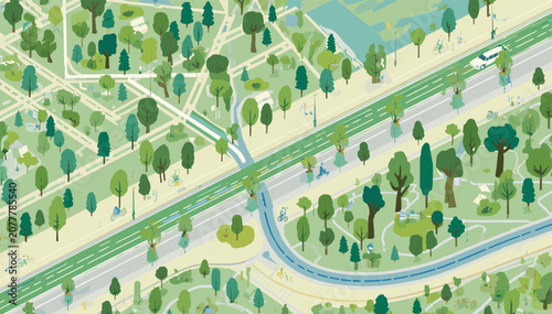 Fotografie An illustrative aerial view of a green urban landscape with roads, a river, and numerous trees, depicting a sustainable city environment