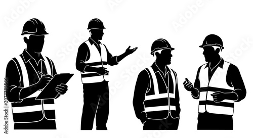 Construction workers in safety vests and helmets black silhouette